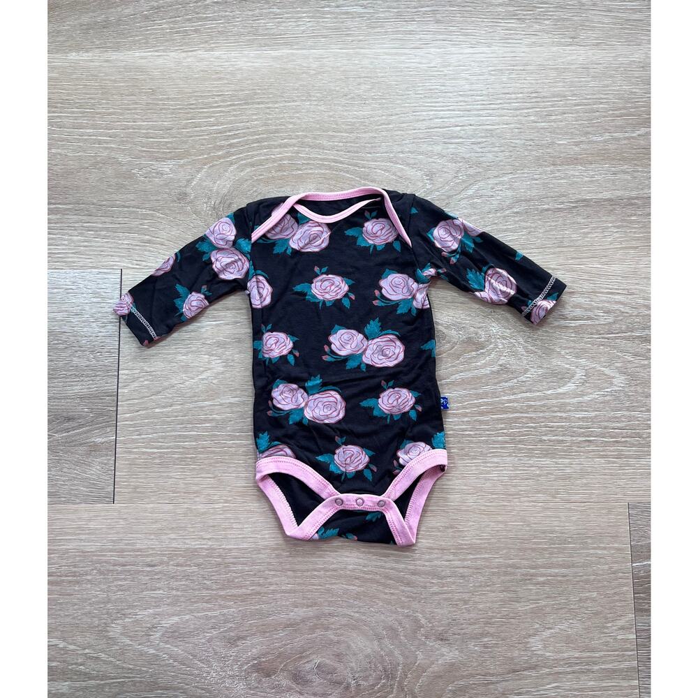 Kickee Pants Black Bodysuit with Pink Rose Print